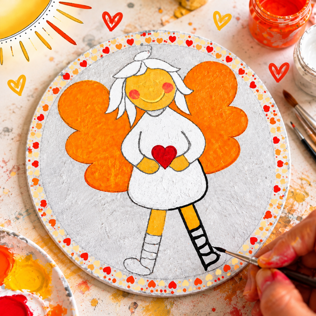 Selbst gemalter Schutzengel mit orangefarbenen Flügeln, weißem Kleid und rotem Herz auf runder Malpappe.
