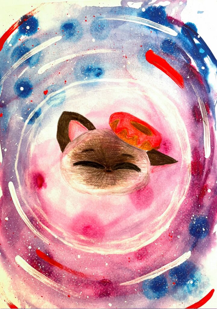 Gemaltes Krafttier Katze in einem rosa-blauen Farbkreis