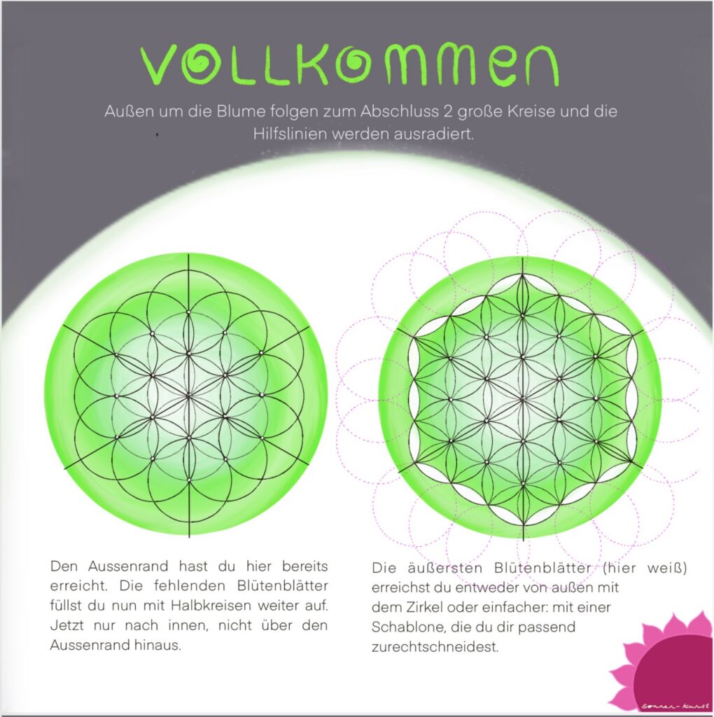Konstruktion der Blume des Lebens mit Kreisen und Blütenblättern vervollständigen
