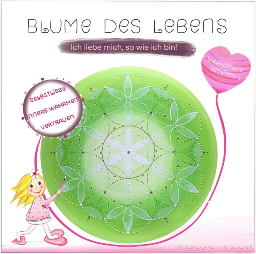 Gemalte grüne Blume des Lebens mit der Botschaft „Ich liebe mich, so wie ich bin“