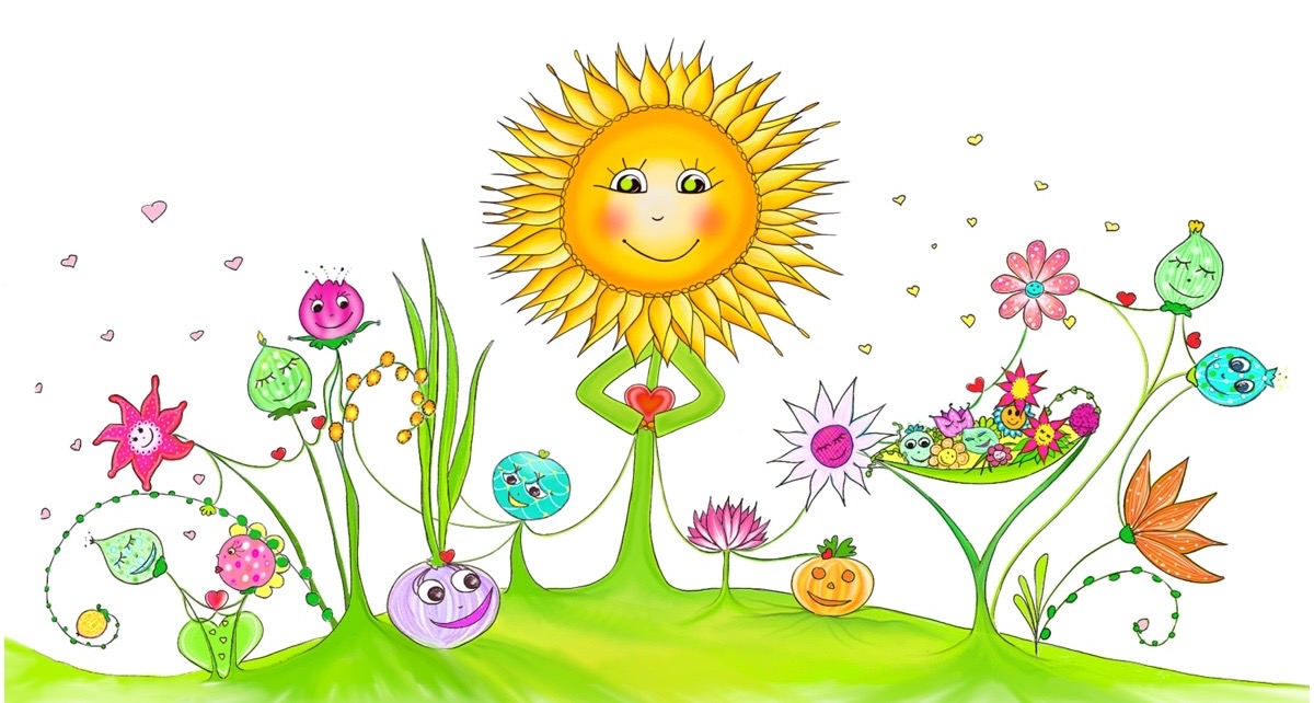 Bunte Blumenwiese für Einzigartigkeit mit lächelnder Sonne und fantasievollen Blumen