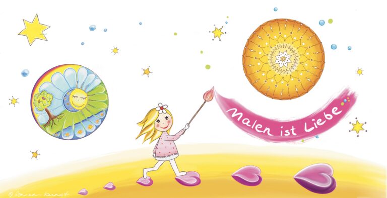 Intuitives Malen Übungen für Erwachsene und Kinder - handegemalte Figur hält fröhlich eine Fahne