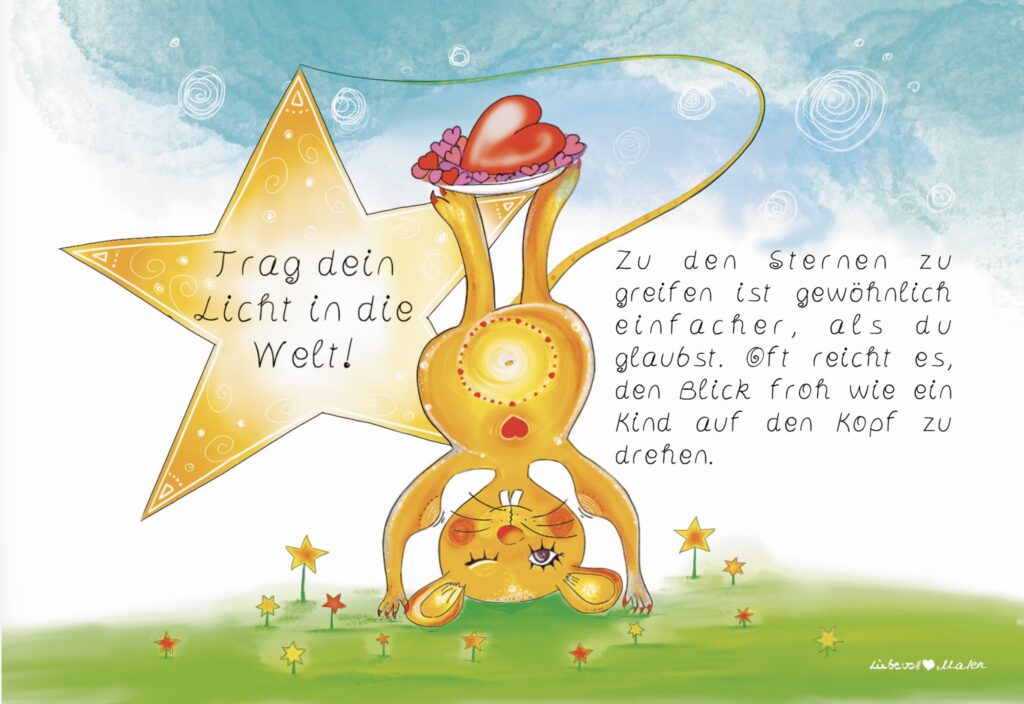 Illustration Der Mäuseblick – Maus steht auf dem Kopf und trägt ihr Licht in die Welt