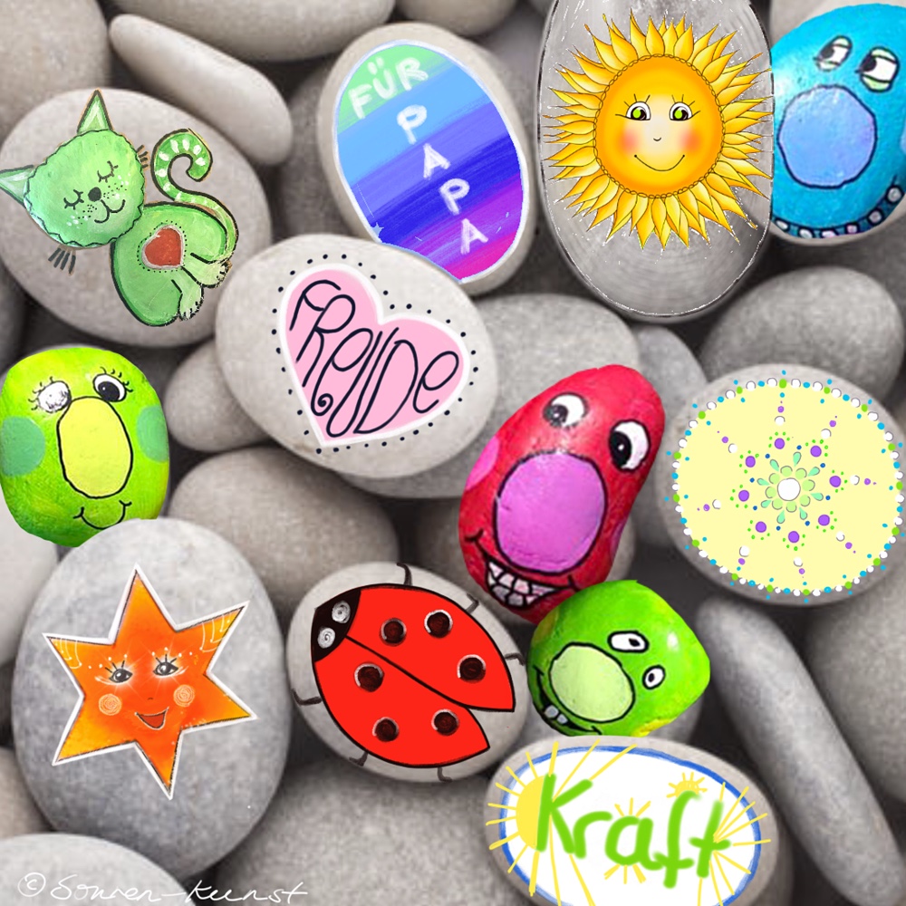 Mehrere bunt bemalte Kieselsteine mit Sonne, Katze, Herzen, Marienkäfer und fröhlichen Fantasiefiguren liegen zwischen grauen Steinen.