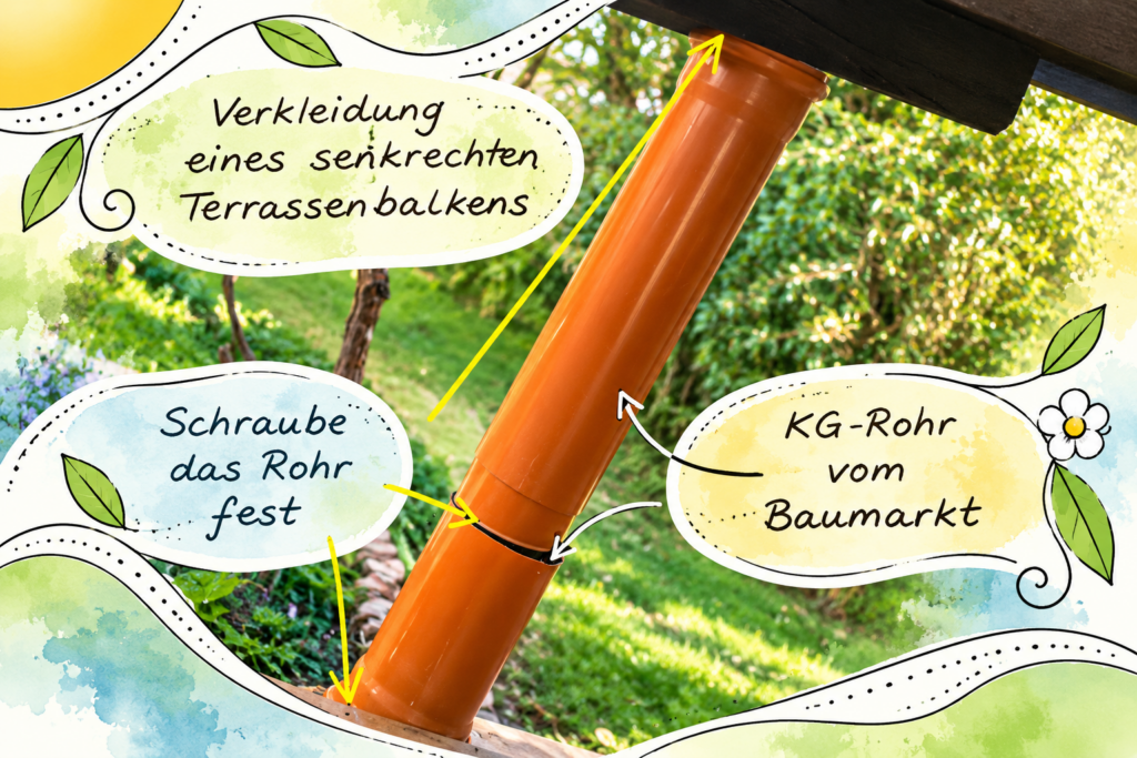 Bebilderte Anleitung zur Verkleidung eines senkrechten Terrassenbalkens mit einem KG-Rohr als Grundlage für eine Mosaiksäule.