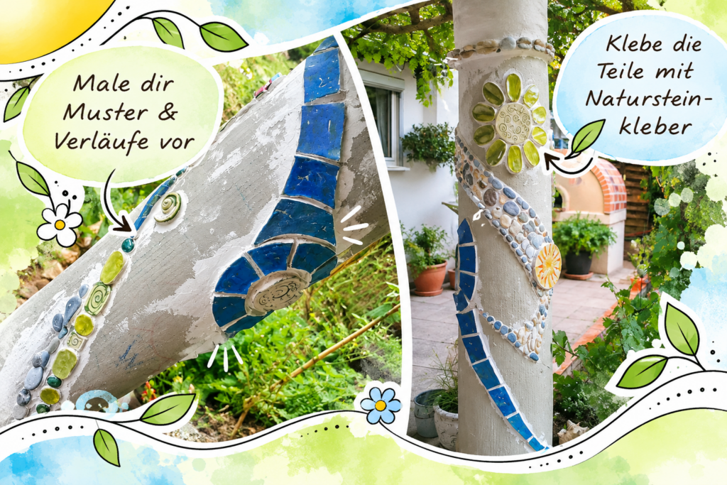 Feng Shui Gartensäule mit selbst gestalteten Keramikblumen, bunten Mosaikfliesen und geschwungenen Kieselsteinmustern im Garten.