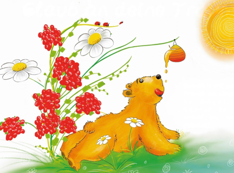 Gelber Botschaften-Bär auf einer Blumenwiese unter der Sonne