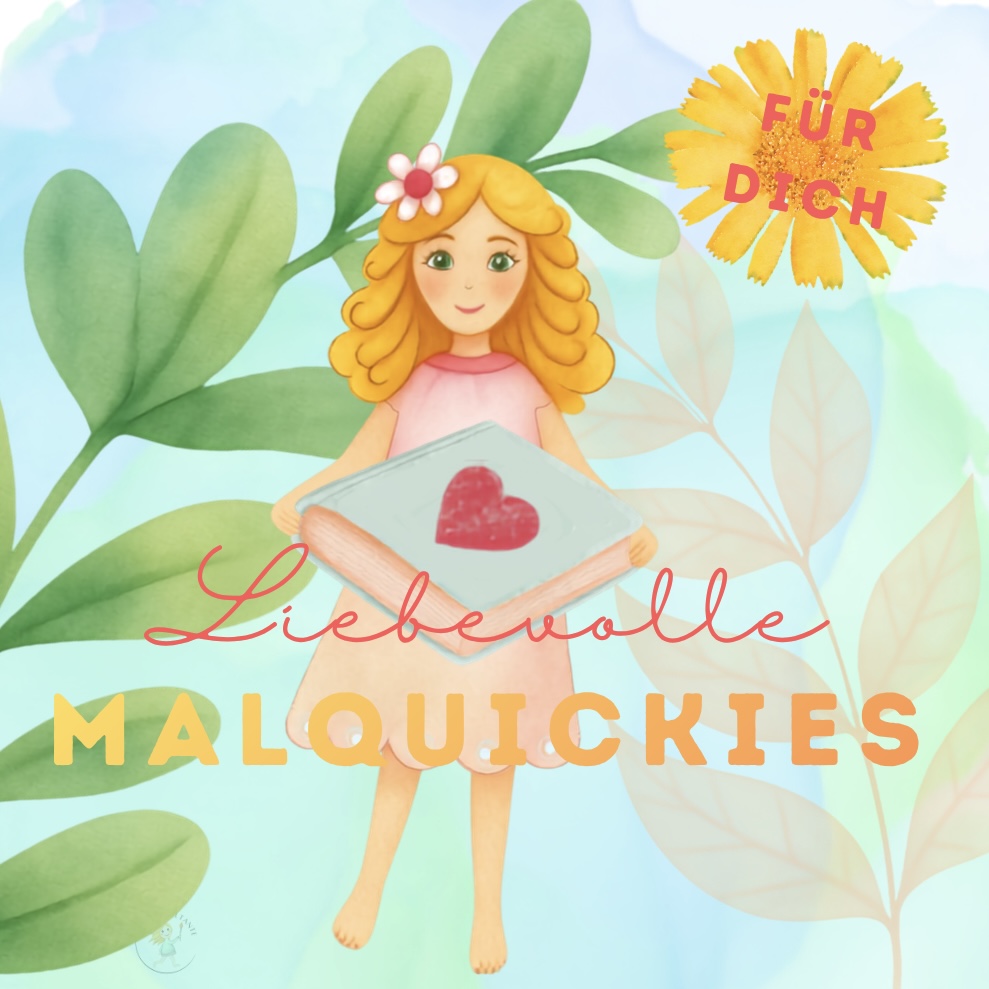Illustration eines Mädchens mit Herzbuch und Blumen, Titelbild der Liebevollen Malquickies mit intuitiven Malübungen