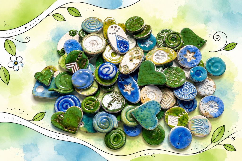Bunte selbst getöpferte Keramikornamente in Grün, Blau, Orange und Rot mit Herzen, Spiralen und Blumenmotiven.