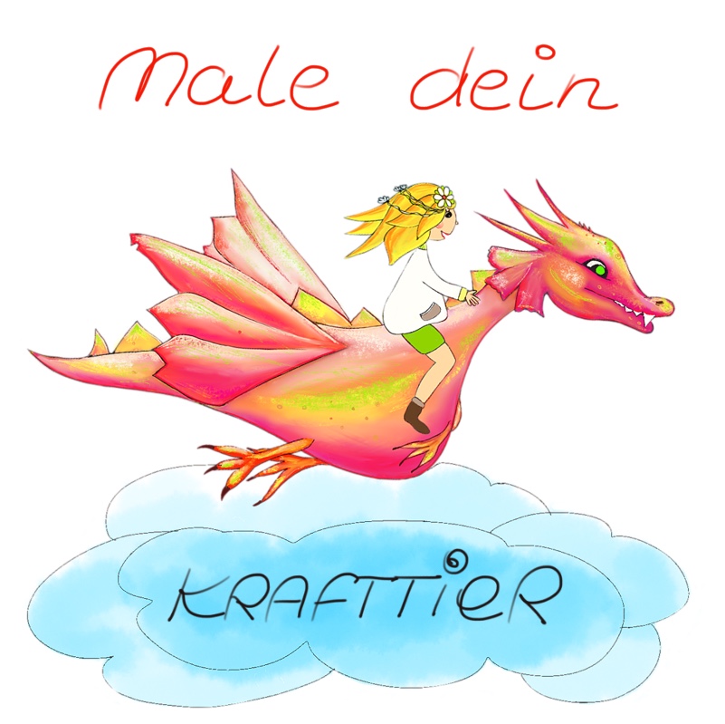 Malen für innere Stärke - Bunt gezeichneter Drache fliegt über den Wolken. Auf seinem Rücken sitzt ein Mädchen mit gelben Haaren.