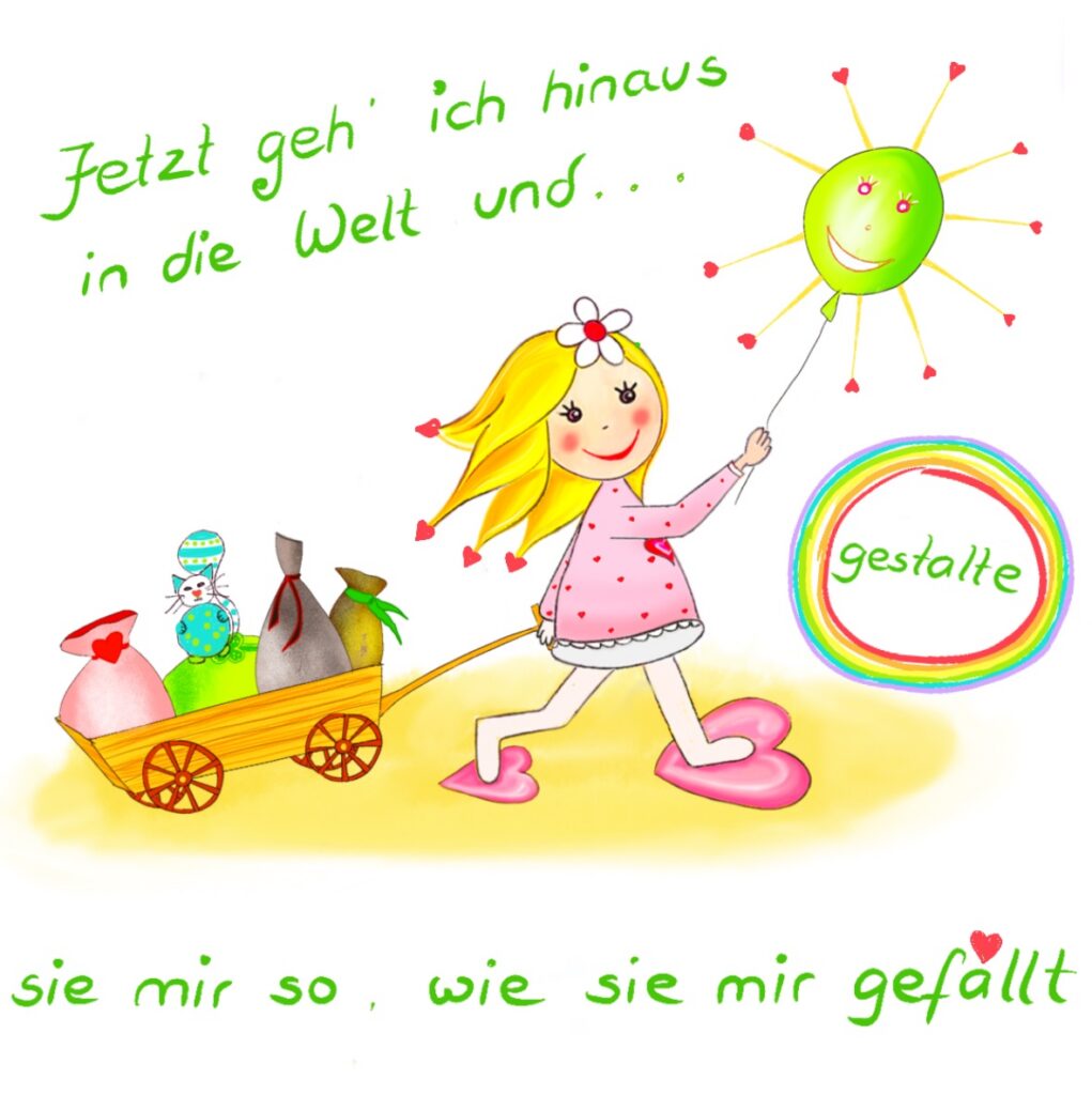 Gezeichnetes Mädchen mit gelben Haaren zieht einen kleinen Wagen und hält einen grünen Sonnenballon mit lächelndem Gesicht.