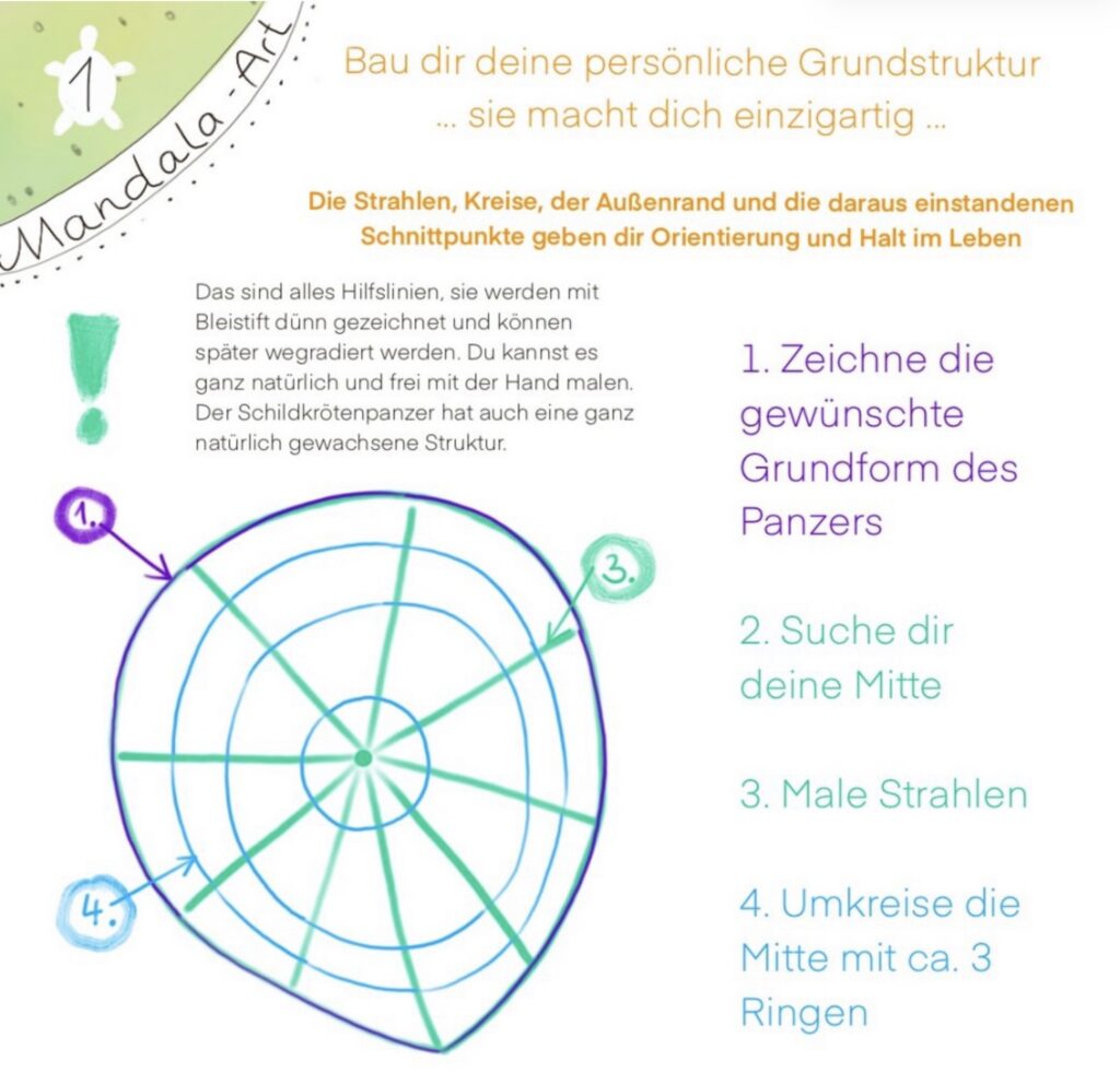 Grundstruktur für eine Mandala-Schildkröte mit Mitte, Kreisen und Strahlen