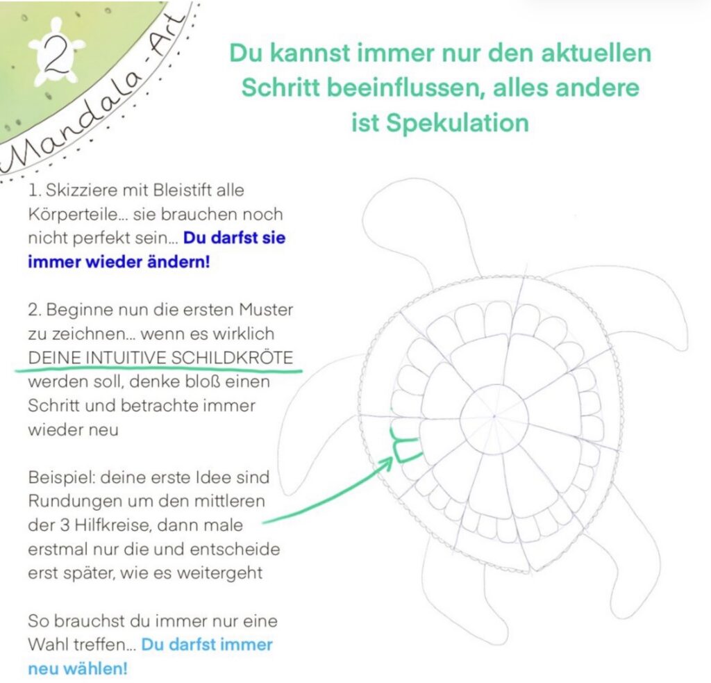 Skizze einer Mandala-Schildkröte mit ersten intuitiv gezeichneten Mustern