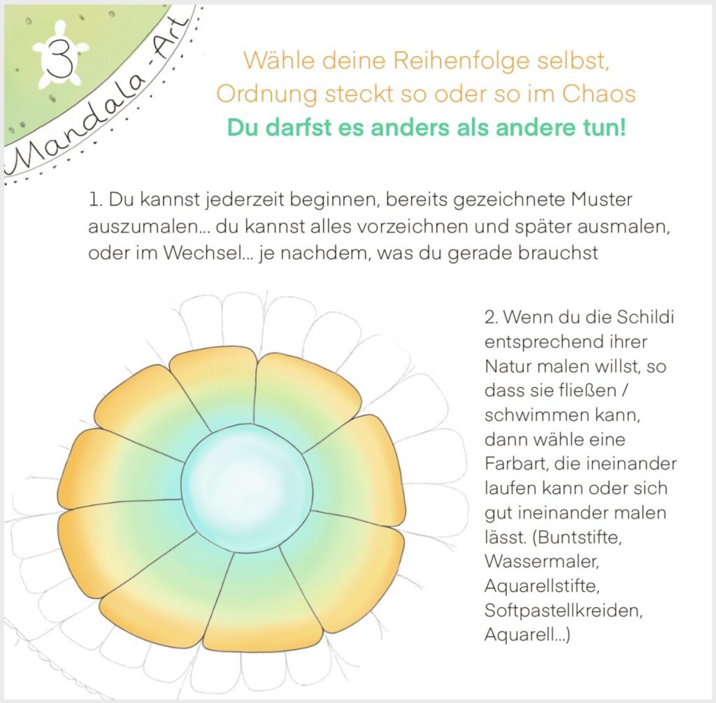 Mandala-Schildkröte mit ersten Mustern und orange-türkiser Farbgestaltung