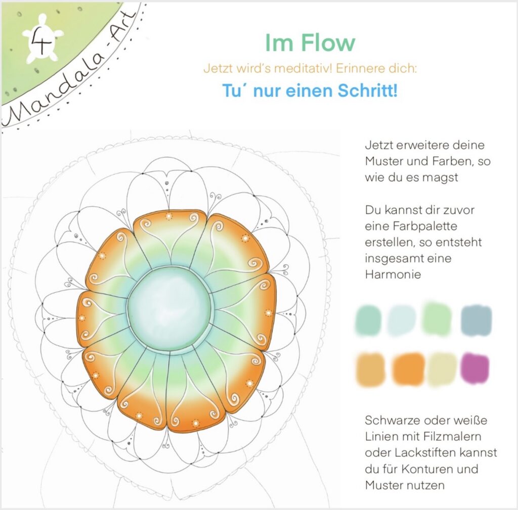 Mandala-Schildkröte mit intuitiven Mustern und harmonischer Farbpalette