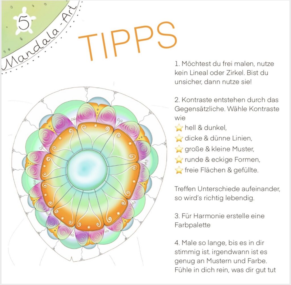 Fertige bunte Mandala-Schildkröte mit Tipps zu Mustern, Farben und Kontrasten
