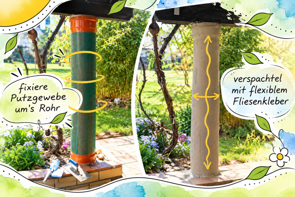 Zwei Arbeitsschritte beim Bau einer Mosaiksäule: Putzgewebe um das Rohr befestigen und die Oberfläche mit flexiblem Fliesenkleber verspachteln.