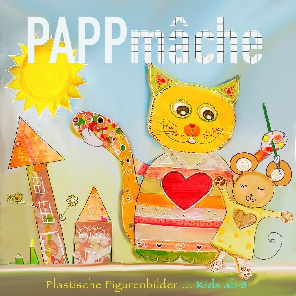 Bunte Pappmaché-Katze mit Herz und kleiner gemalter Maus