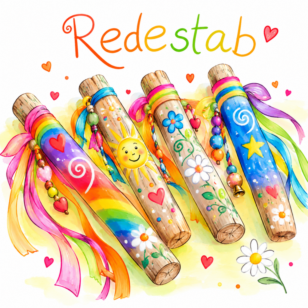 Mehrere bunt bemalte Holzstäbe mit Herzen, Regenbogen, Blumen und Sonne, verziert mit farbigen Bändern und Perlen.