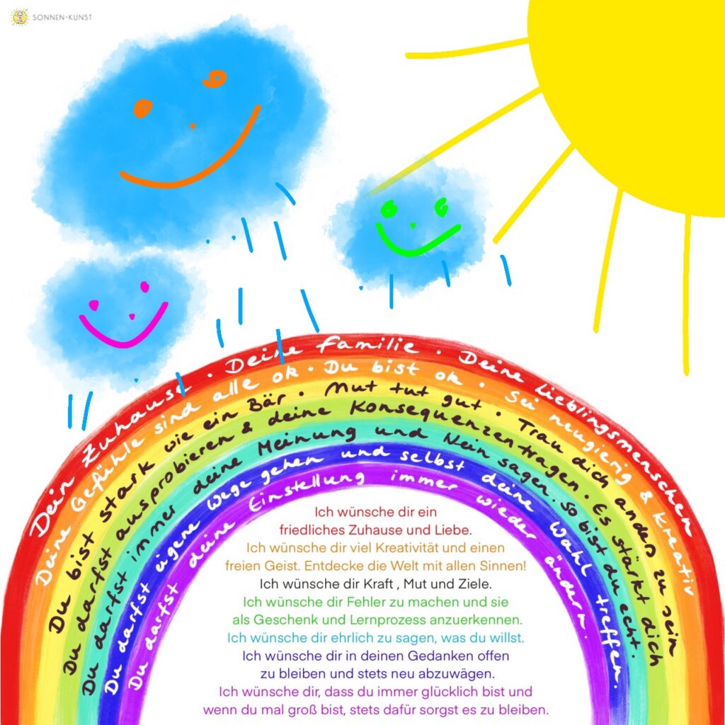 Bunter Regenbogen mit liebevollen Botschaften über Mut, Selbstvertrauen, Gefühle und Zusammenhalt, darüber blaue Wolken und eine Sonne.