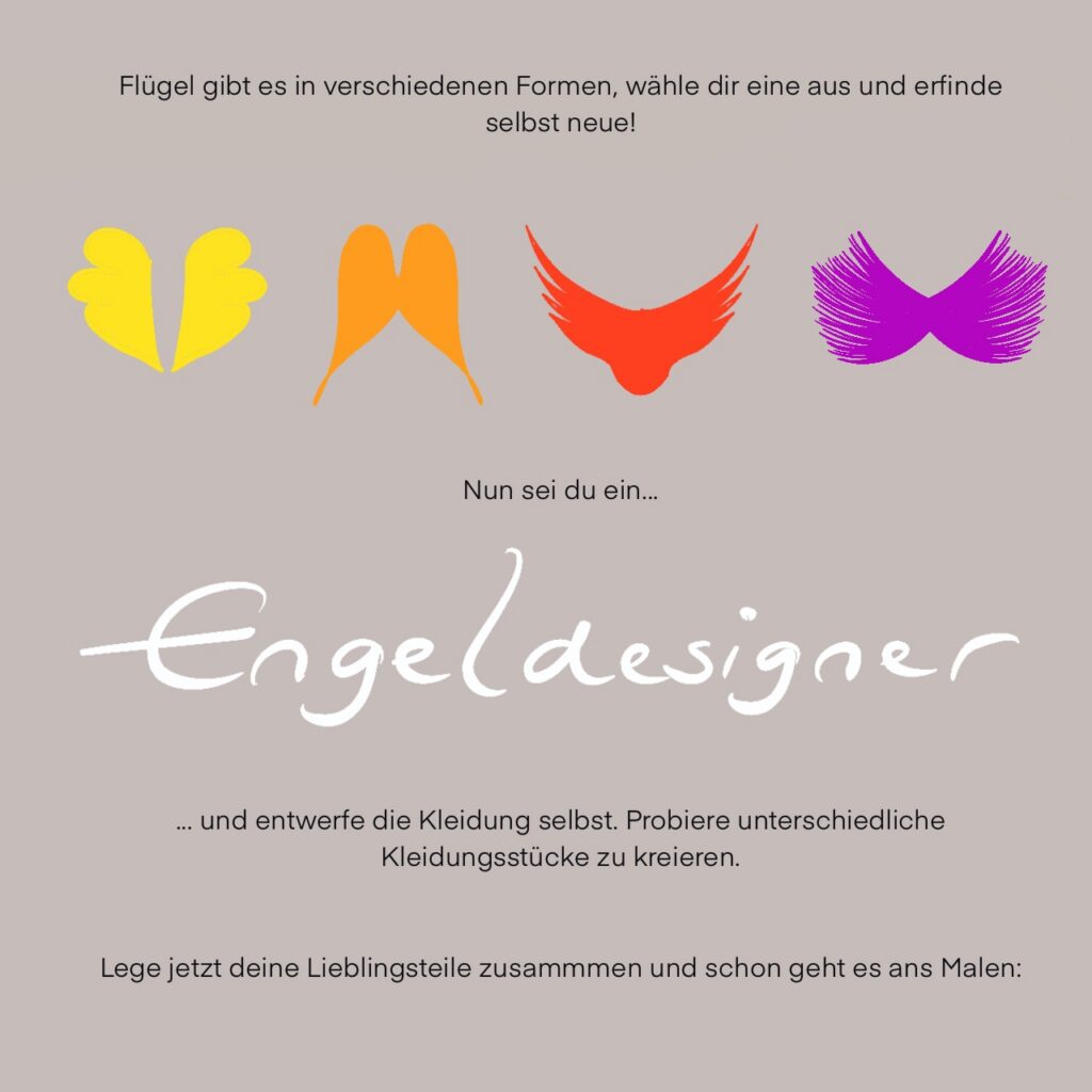 Vier bunte Engelsflügel-Varianten in Gelb, Orange, Rot und Violett als Inspiration zum Engel malen.