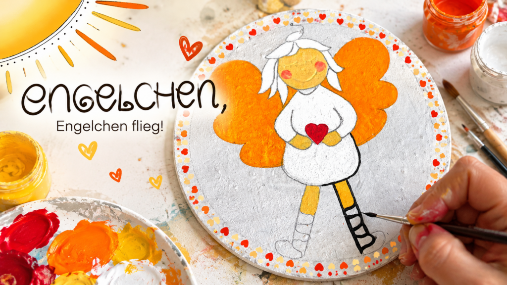 Schutzengel malen mit Kindern – Engel mit orangefarbenen Flügeln auf runder Malpappe, daneben der Schriftzug Engelchen flieg