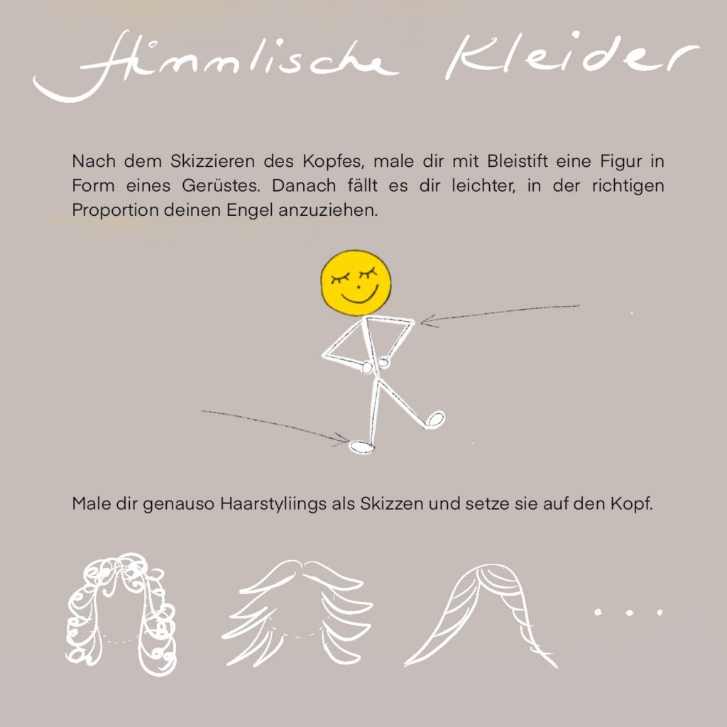 Zeichenvorlage für einen Engel mit einfachem Körpergerüst, gelbem Gesicht und drei verschiedenen Frisuren.